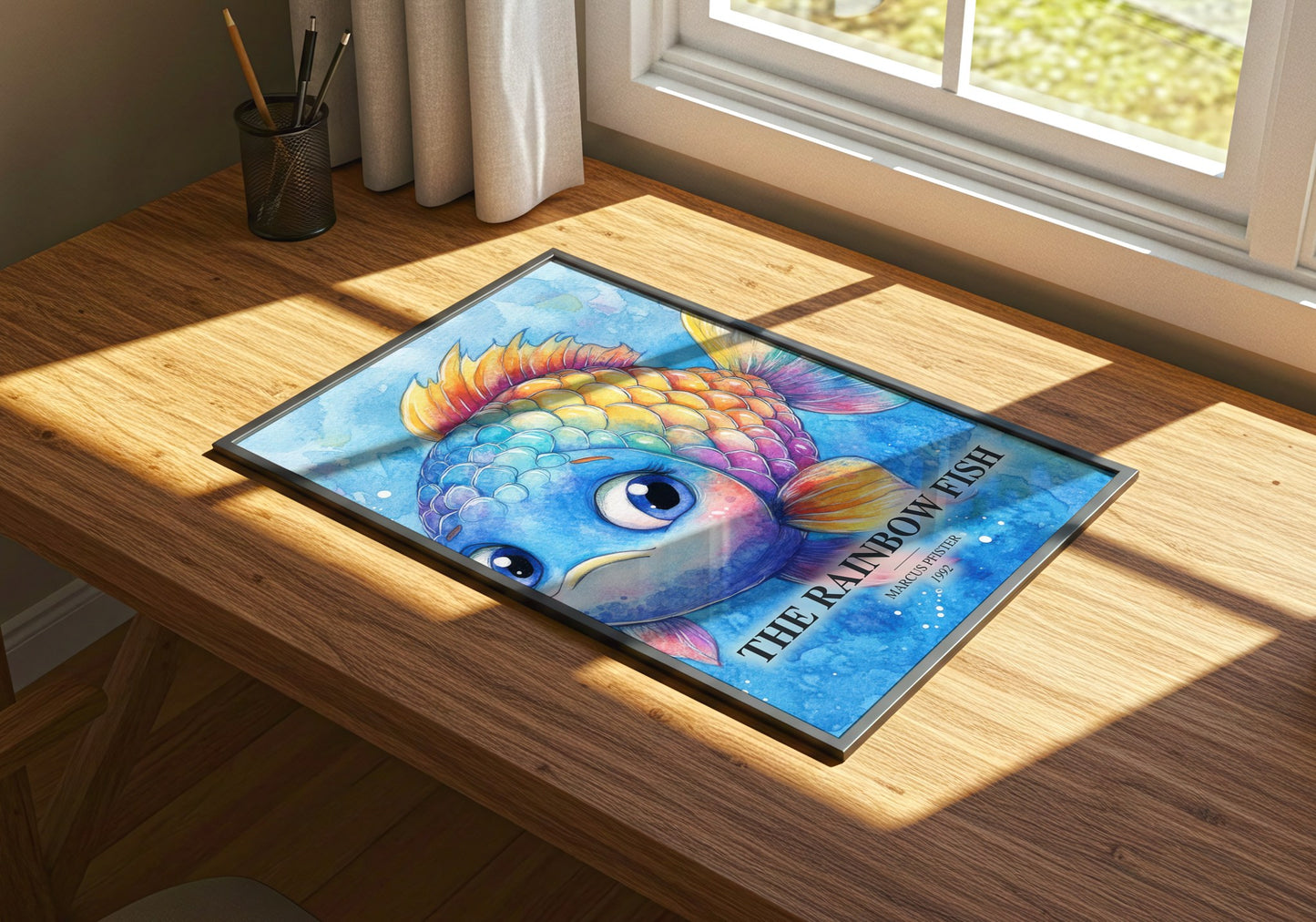 The Rainbow Fish watercolour book poster framed on wall – childrens wall art