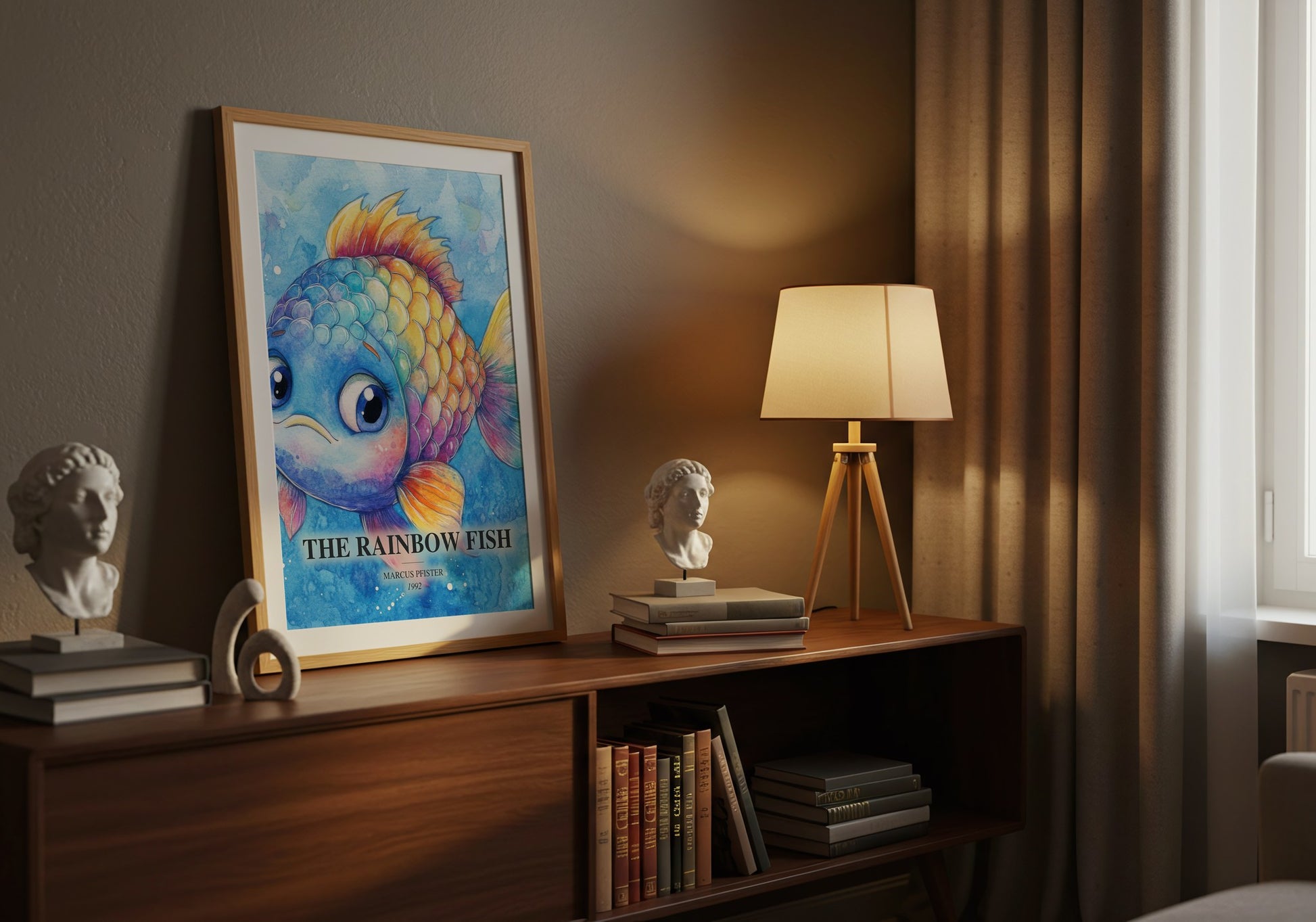 The Rainbow Fish watercolour print on bookshelf – Marcus Pfister fan gift
