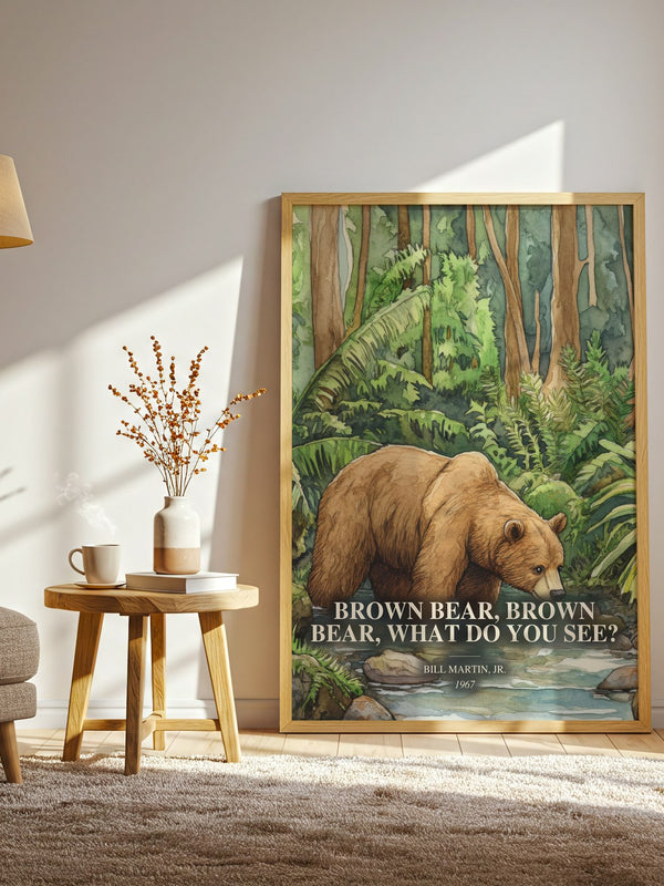 Brown Bear, Brown Bear, What Do You See? watercolour print in frame leaning in hallway – childrens wall art