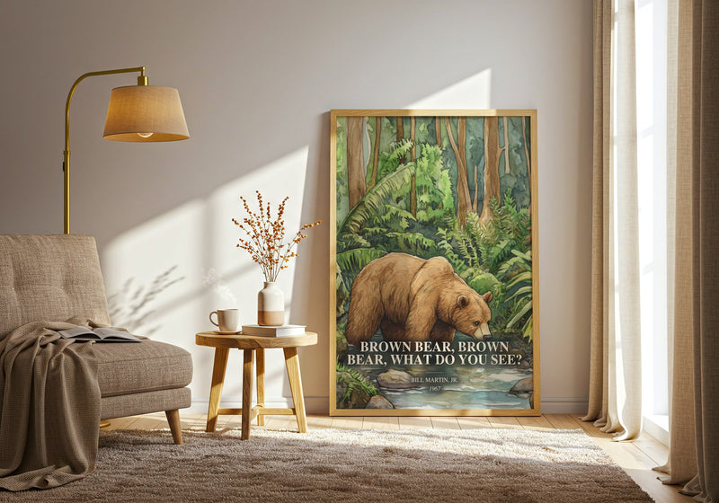 Brown Bear, Brown Bear, What Do You See? watercolour print in frame leaning in hallway – childrens wall art