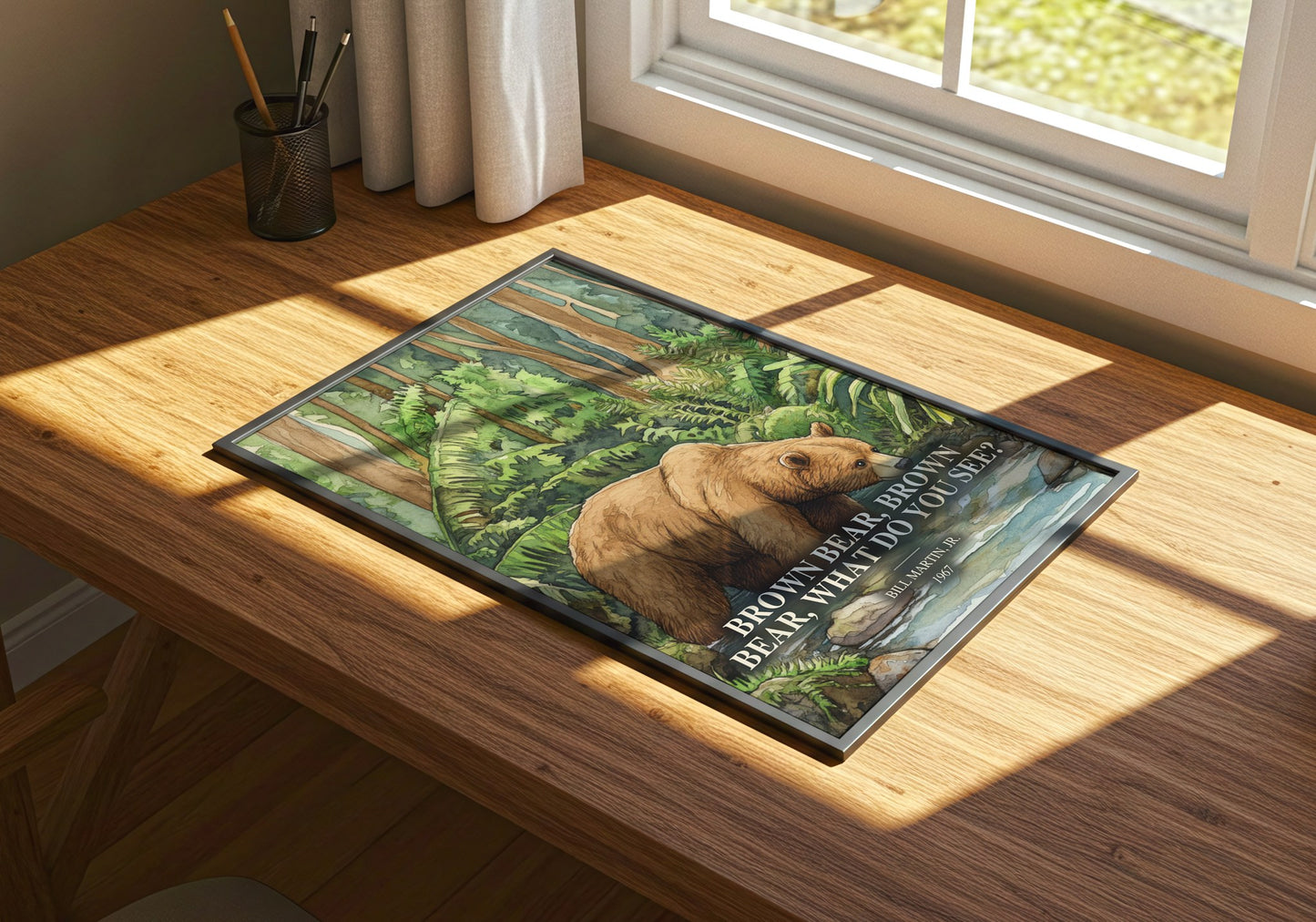 Brown Bear, Brown Bear, What Do You See? watercolour book poster framed on wall – childrens wall art