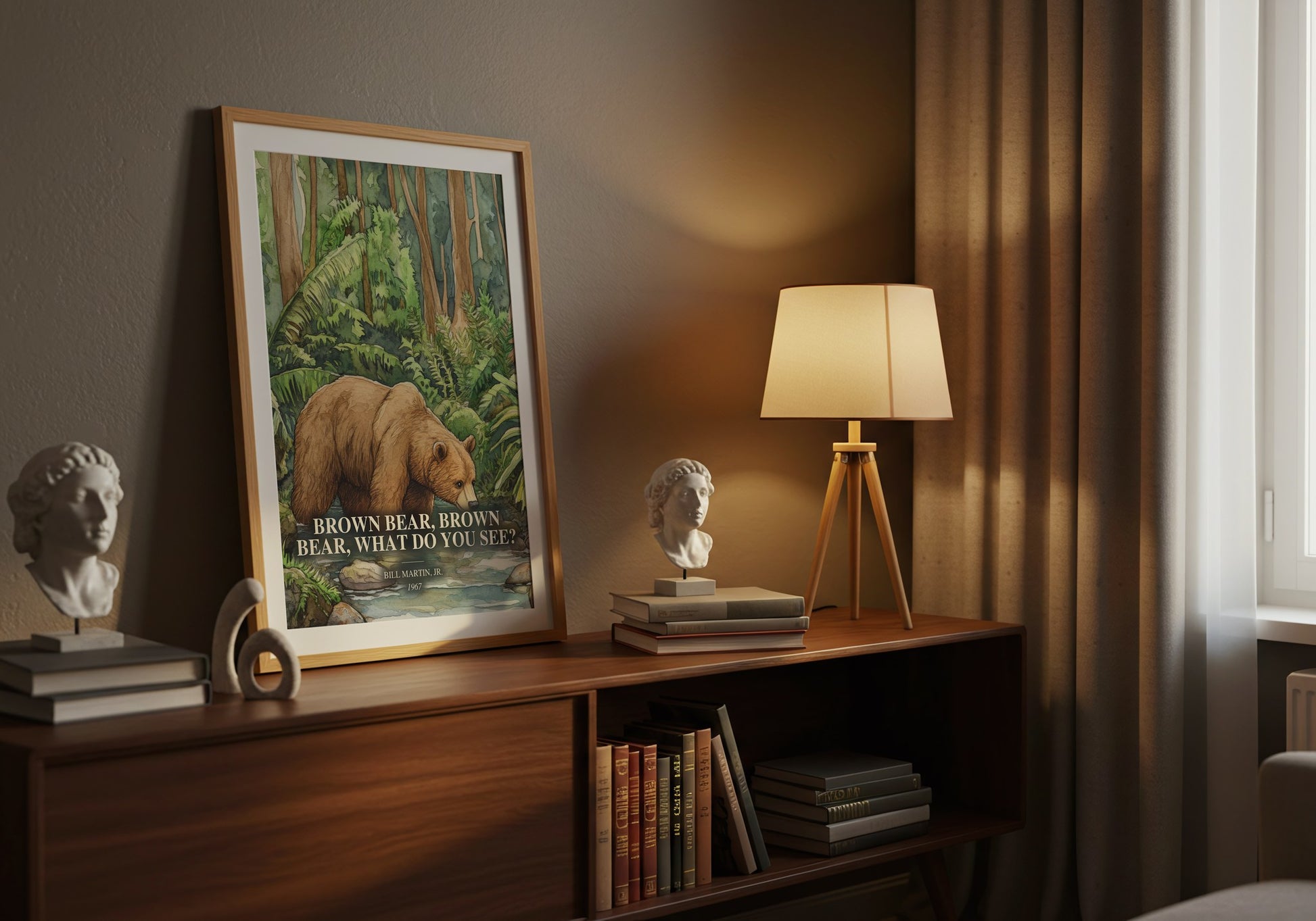 Brown Bear, Brown Bear, What Do You See? watercolour print on bookshelf – Bill Martin, Jr. fan gift