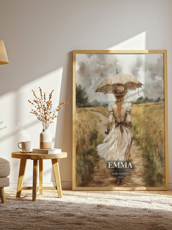 Emma watercolour print in frame leaning in hallway – classic literature wall art