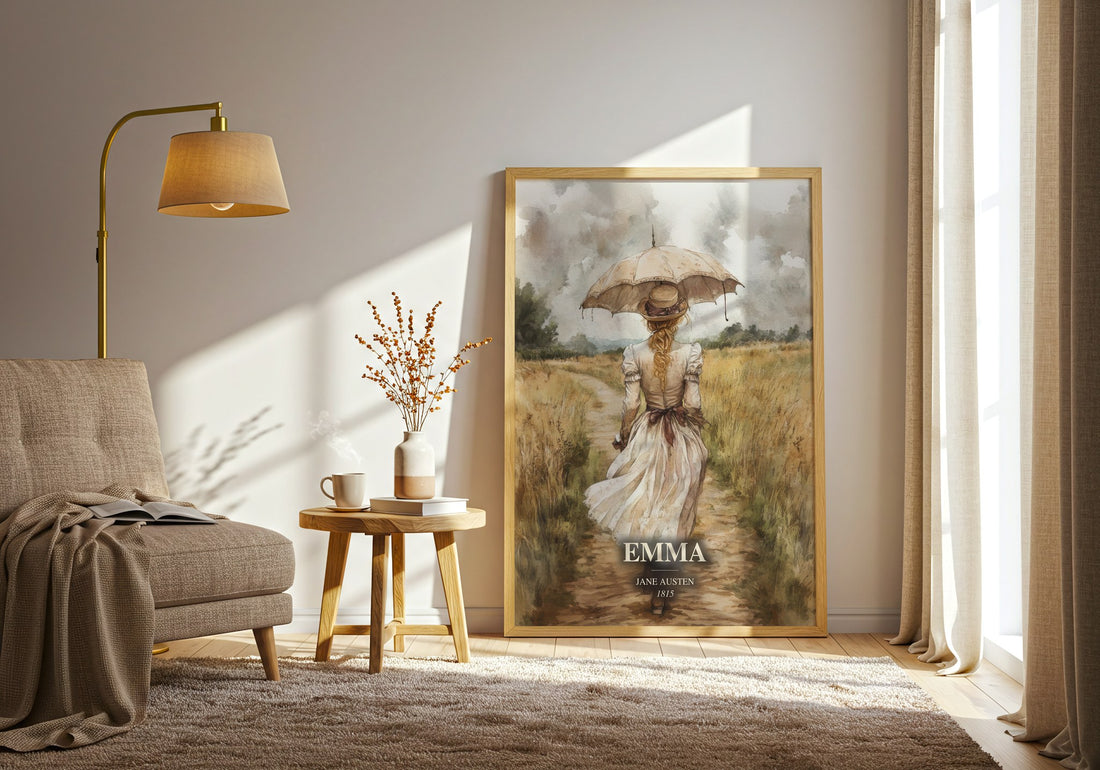 Emma watercolour print in frame leaning in hallway – classic literature wall art (mockup)