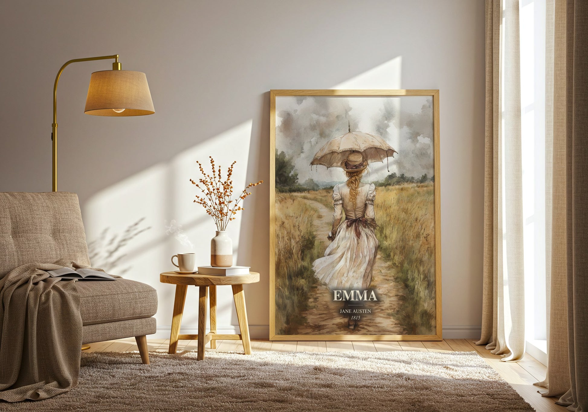 Emma watercolour print in frame leaning in hallway – classic literature wall art