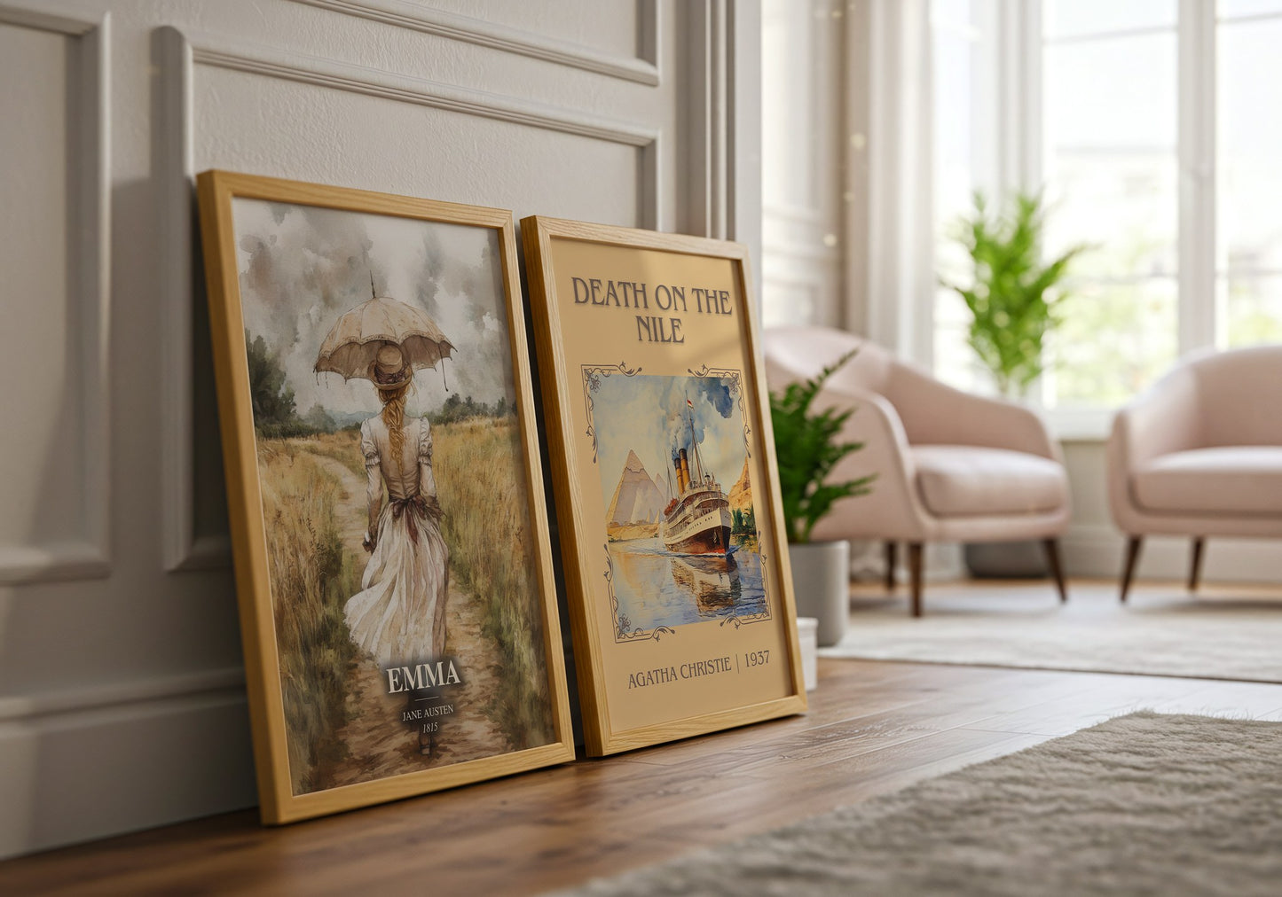 Emma watercolour print framed by window – literary home decor