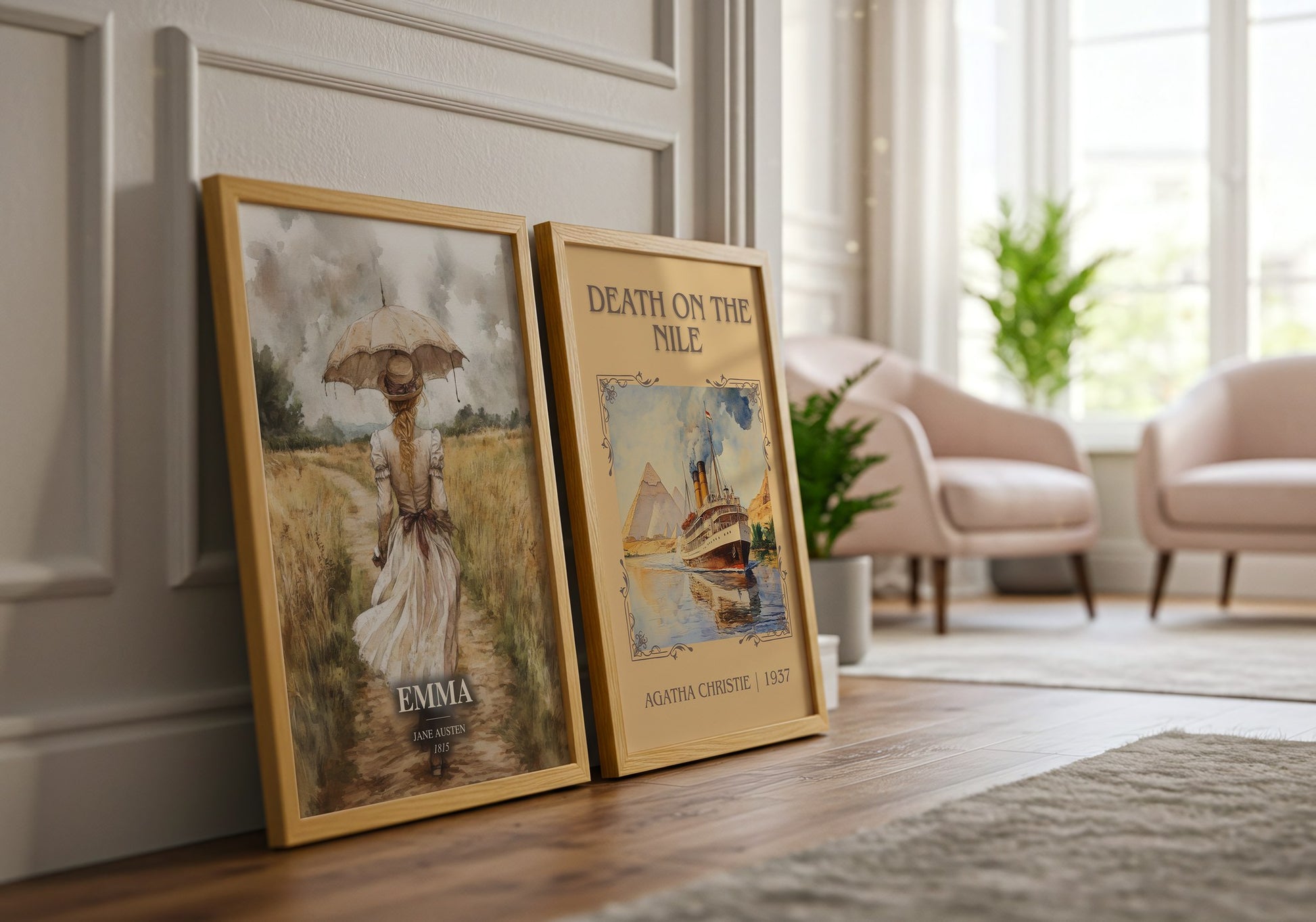 Emma watercolour print framed by window – literary home decor
