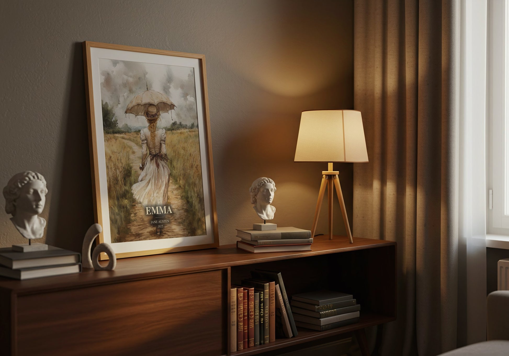 Emma watercolour print on bookshelf – Jane Austen fan gift