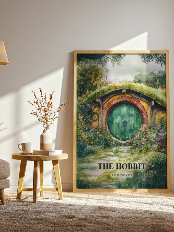 The Hobbit watercolour print in frame leaning in hallway – fantasy wall art