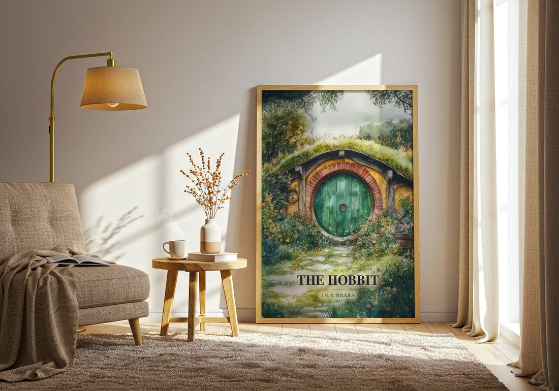 The Hobbit watercolour print in frame leaning in hallway – fantasy wall art (mockup)