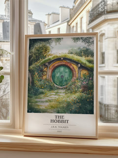 The Hobbit Book Cover Poster by J. R. R. Tolkien – framed print by a bright window