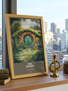 The Hobbit Book Cover Poster by J. R. R. Tolkien – framed print on a city-view windowsill