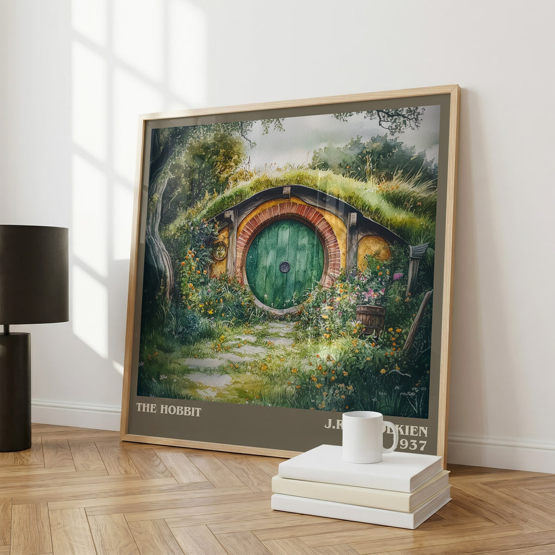 The Hobbit Literary Art Print by J. R. R. Tolkien – large square framed print leaning against a wall