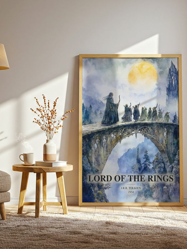 Lord Of The Rings watercolour print in frame leaning in hallway – fantasy wall art