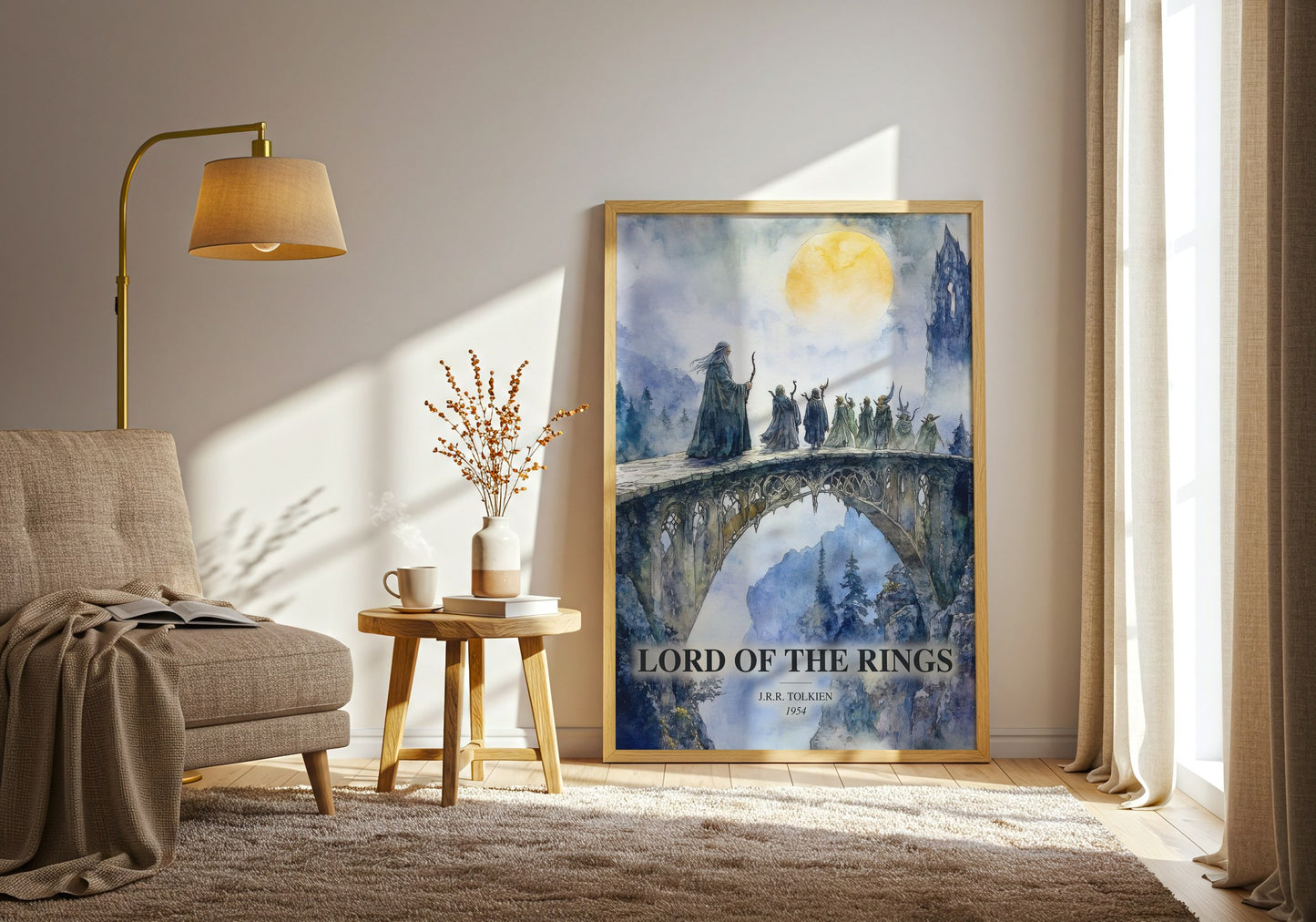 Lord Of The Rings watercolour print in frame leaning in hallway – fantasy wall art