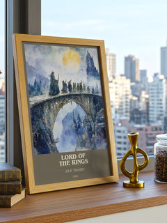 Lord Of The Rings Book Cover Poster by J.R.R. Tolkien – framed print on a city-view windowsill
