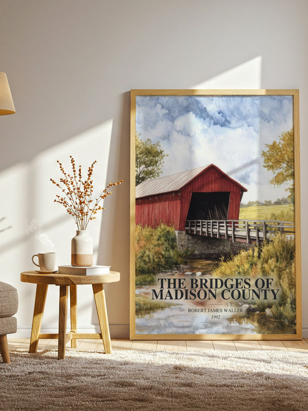 The Bridges Of Madison County watercolour print in frame leaning in hallway – romance wall art