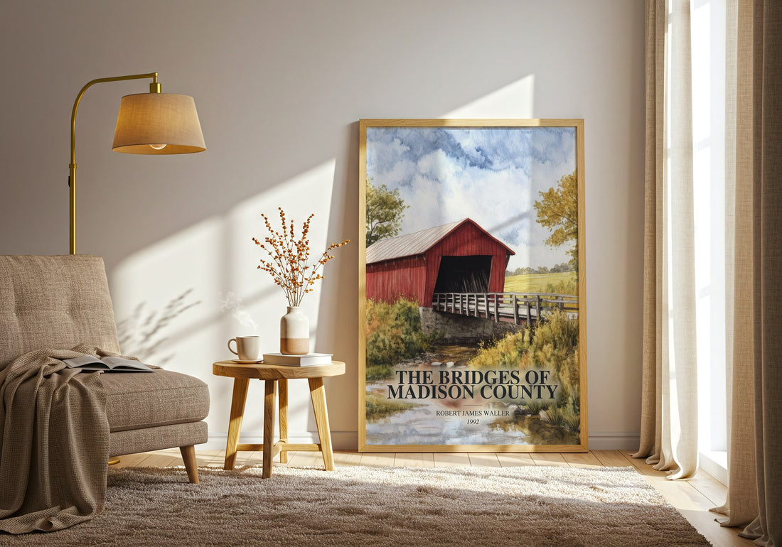 The Bridges Of Madison County watercolour print in frame leaning in hallway – romance wall art (mockup)