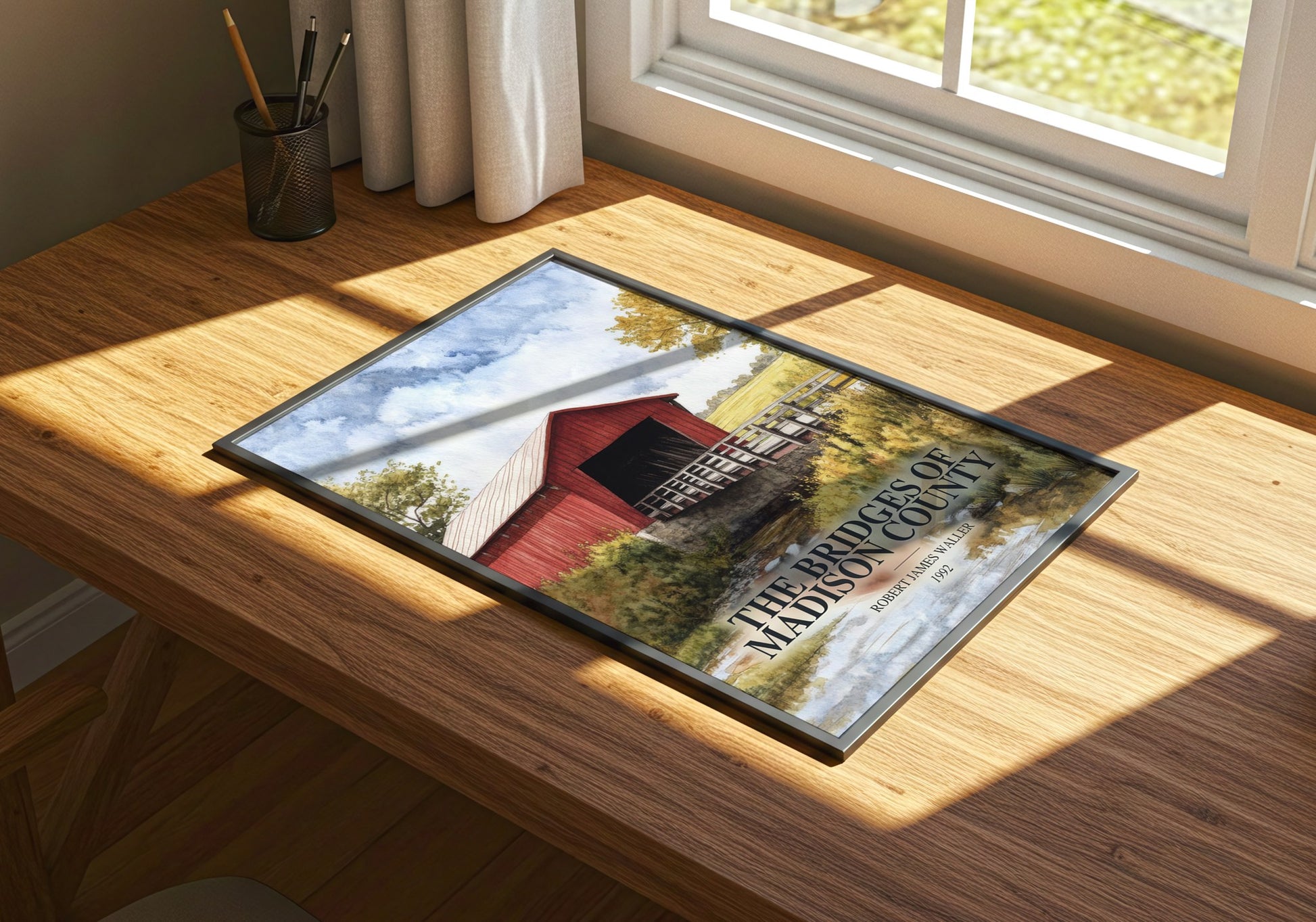 The Bridges Of Madison County watercolour book poster framed on wall – romance wall art