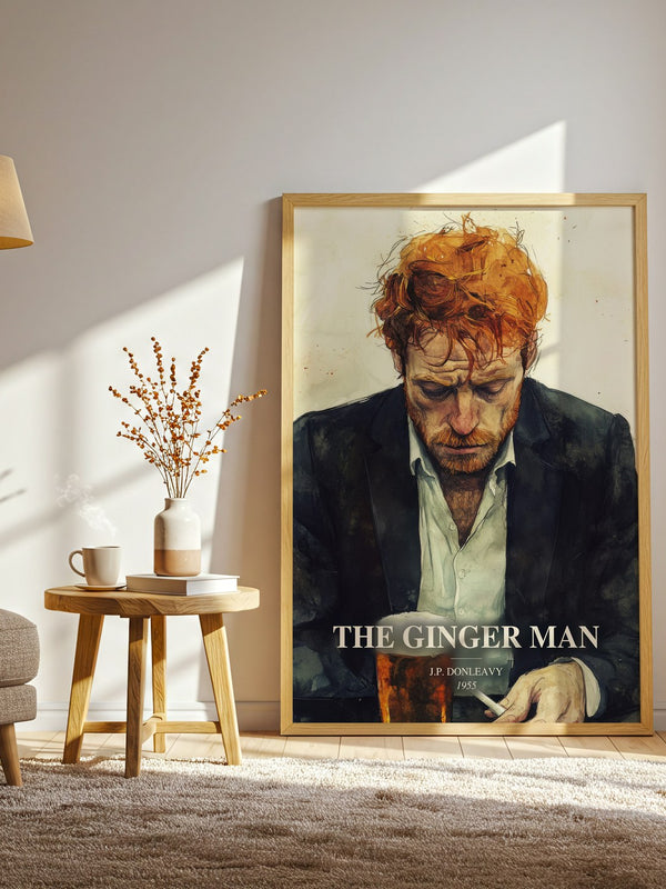 The Ginger Man watercolour print in frame leaning in hallway – literary fiction wall art