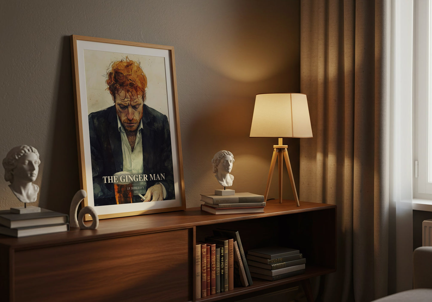 The Ginger Man watercolour print on bookshelf – J.P. Donleavy fan gift