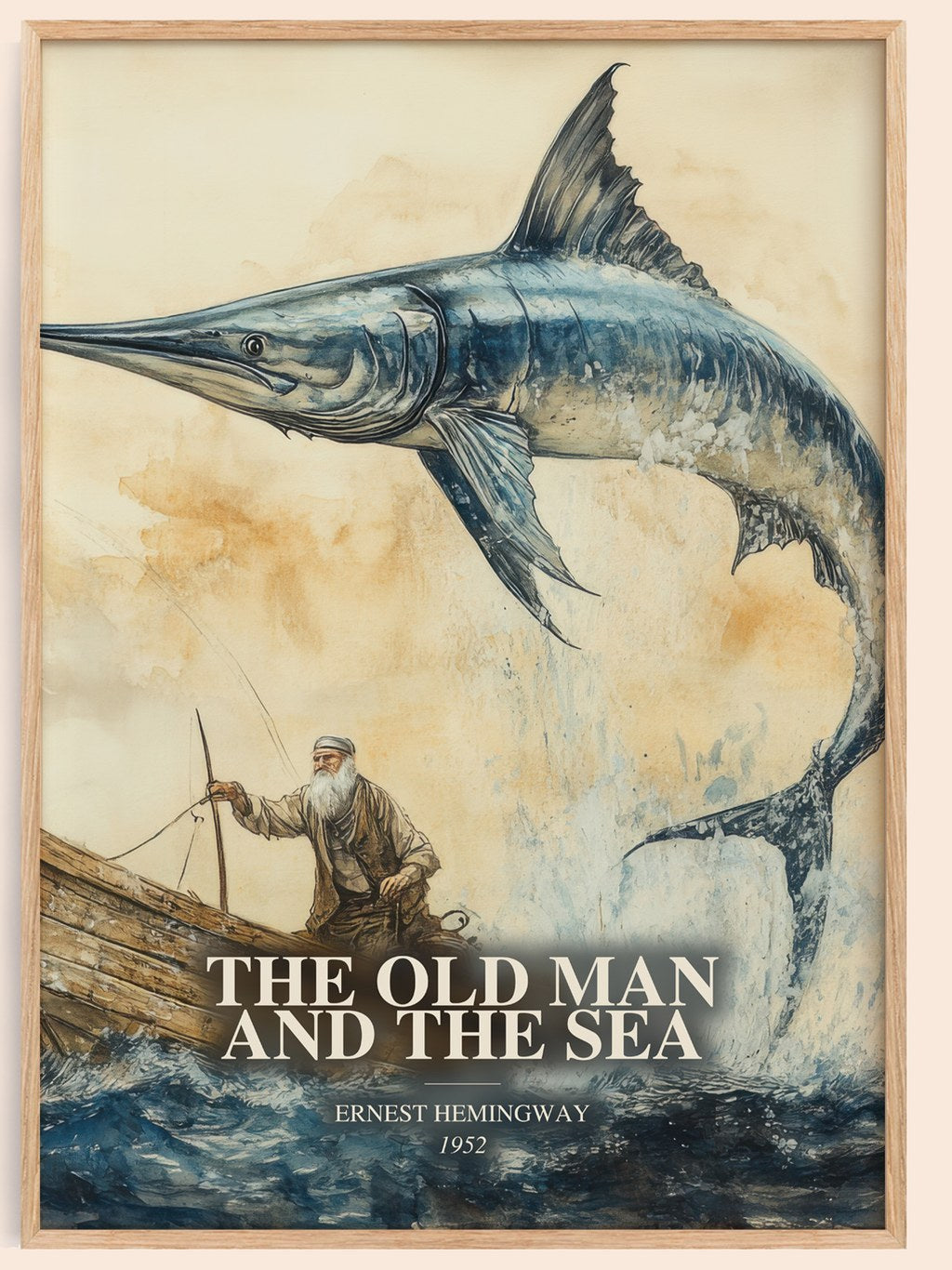 The Old Man And The Sea watercolour book poster by Ernest Hemingway – framed literary art print