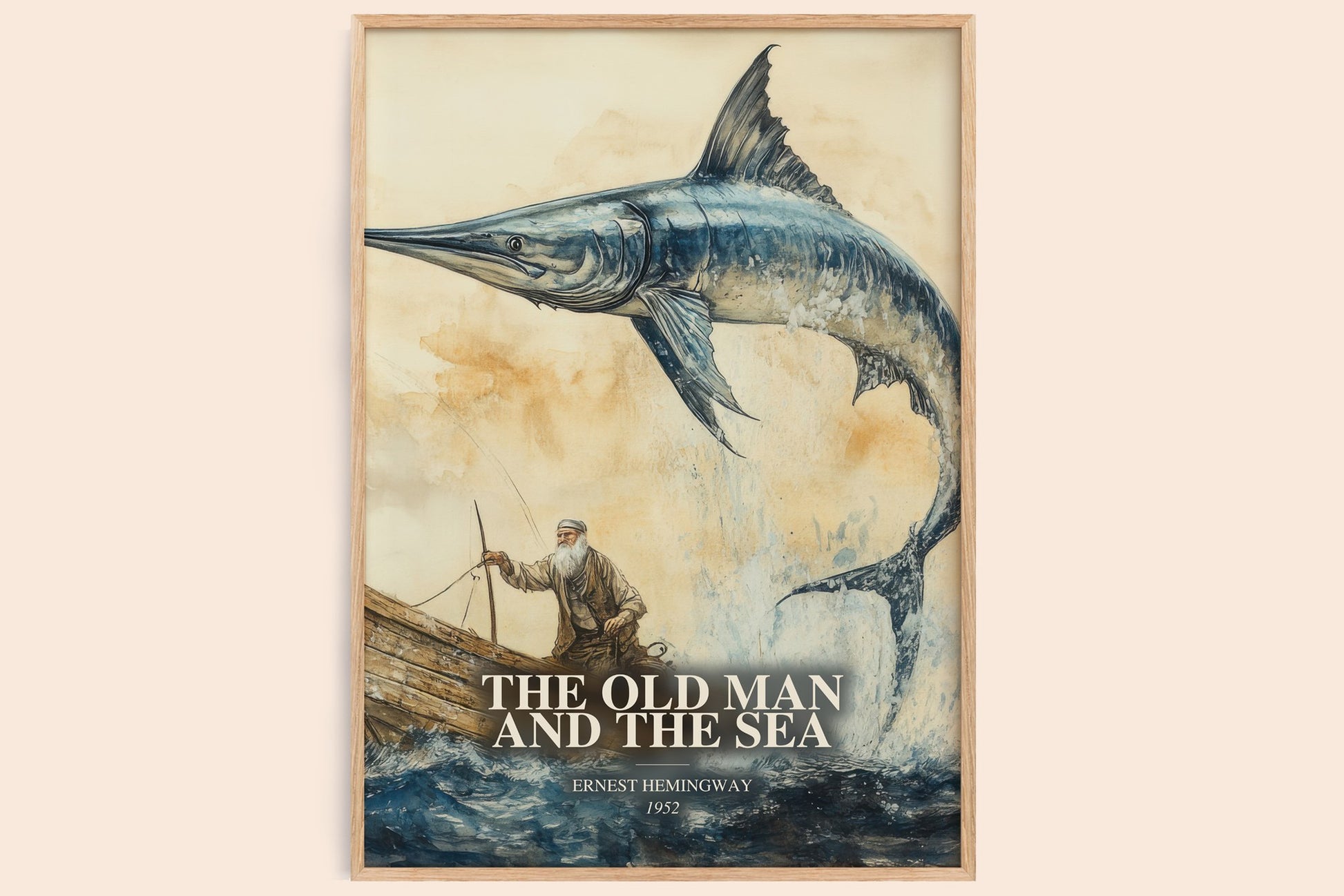 The Old Man And The Sea watercolour book poster by Ernest Hemingway – framed literary art print