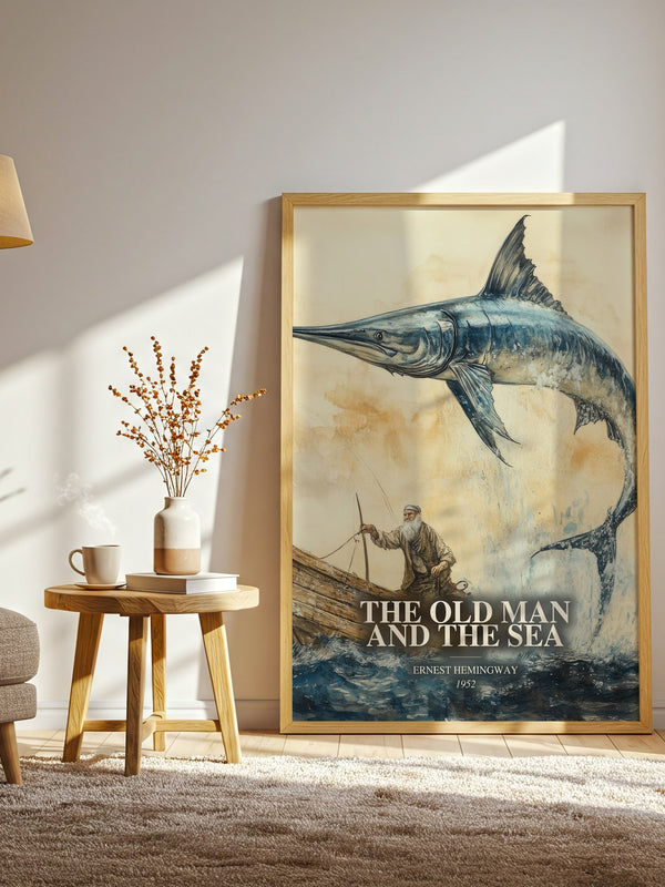The Old Man And The Sea watercolour print in frame leaning in hallway – literary fiction wall art