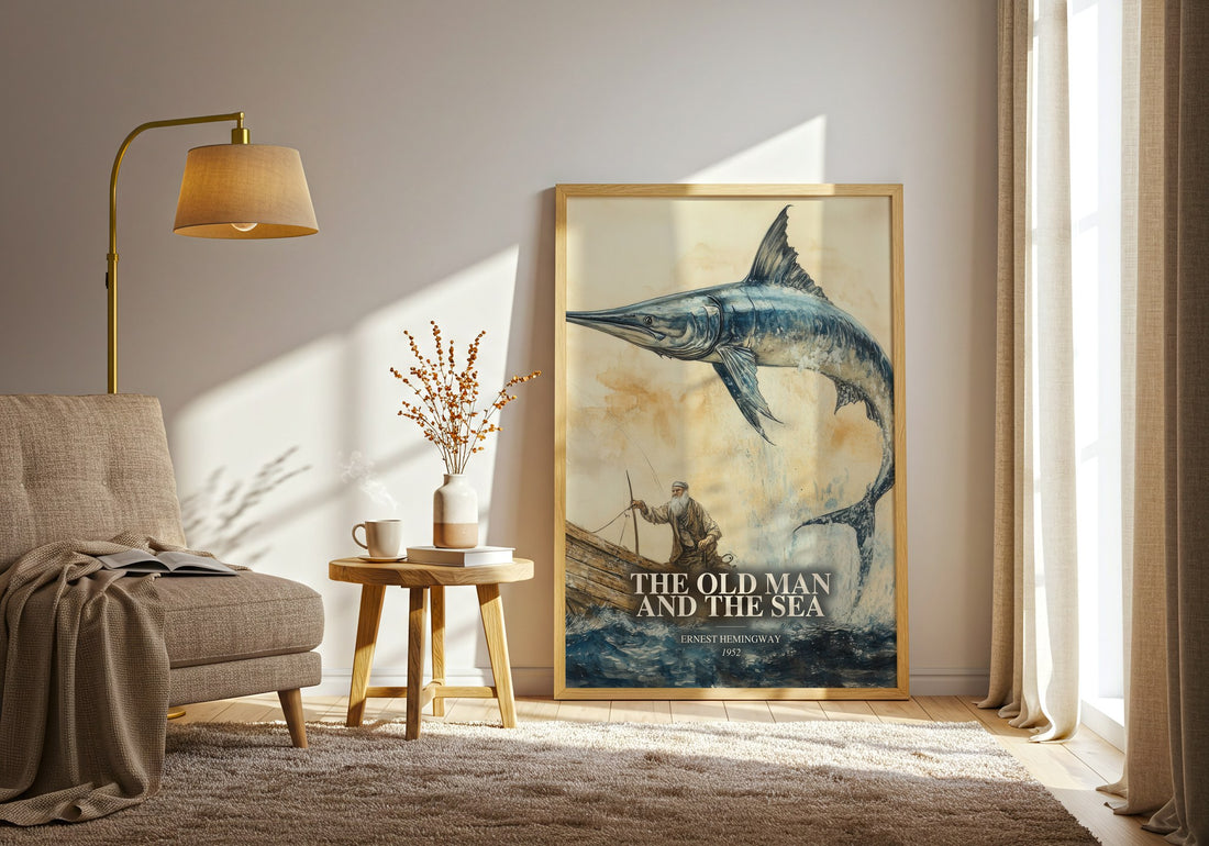 The Old Man And The Sea watercolour print in frame leaning in hallway – literary fiction wall art (mockup)