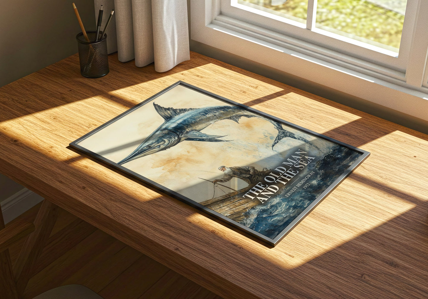 The Old Man And The Sea watercolour book poster framed on wall – literary fiction wall art