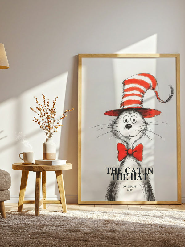 The Cat In The Hat watercolour print in frame leaning in hallway – childrens wall art