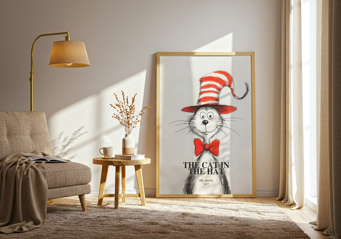 The Cat In The Hat watercolour print in frame leaning in hallway – childrens wall art (mockup)