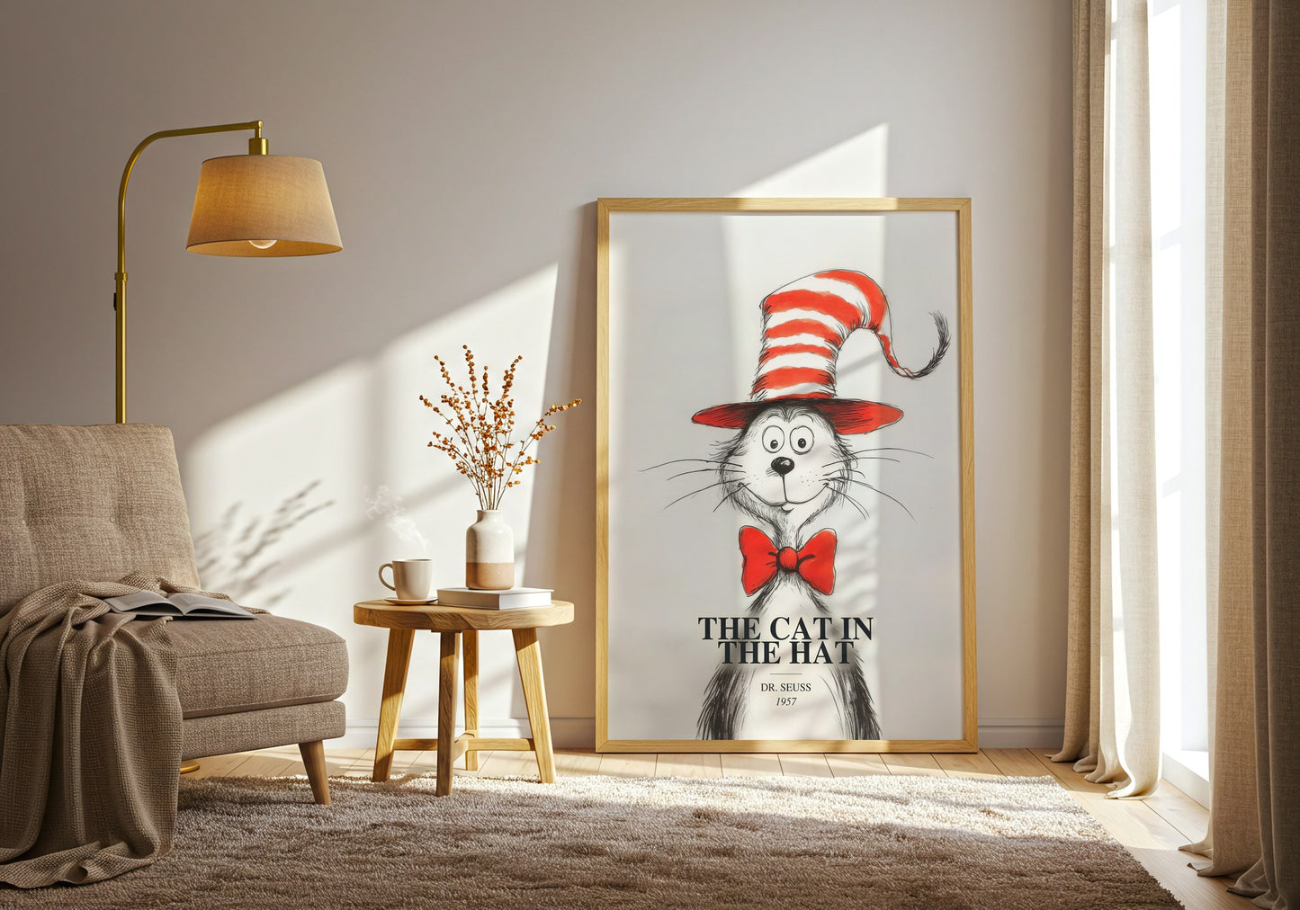 The Cat In The Hat watercolour print in frame leaning in hallway – childrens wall art