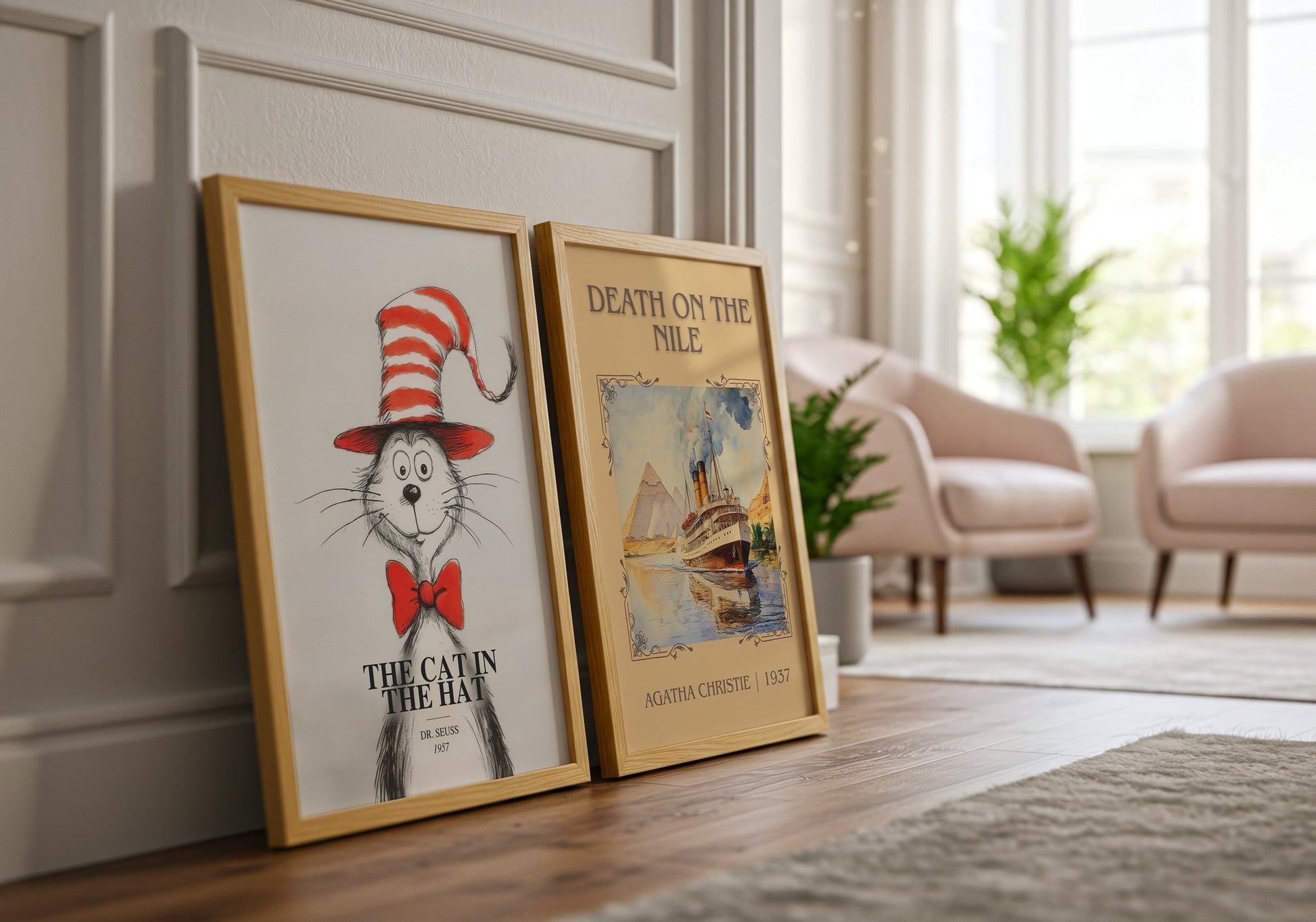 The Cat In The Hat watercolour print framed by window – literary home decor