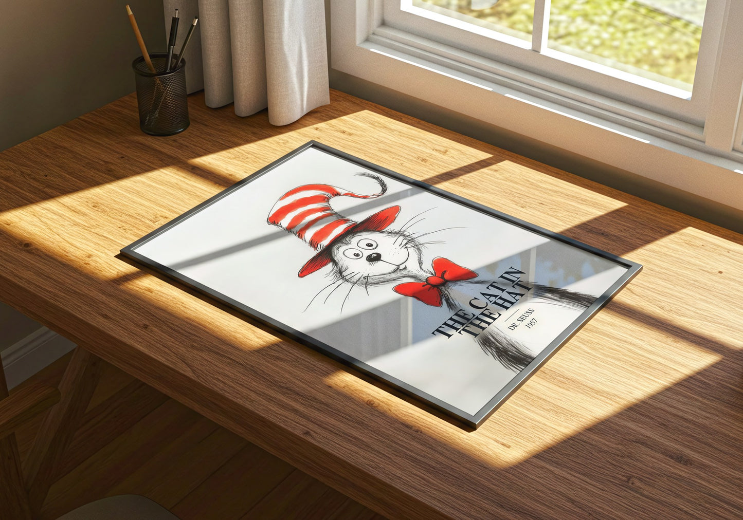 The Cat In The Hat watercolour book poster framed on wall – childrens wall art