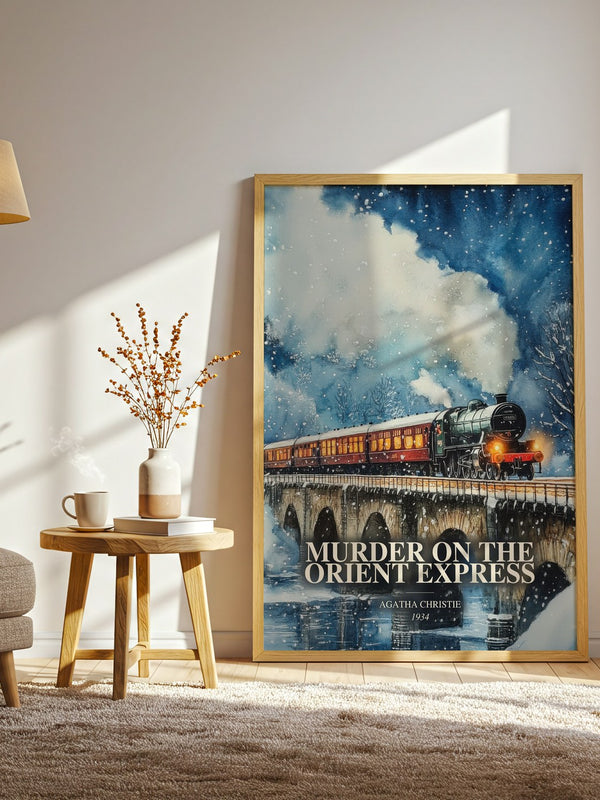 Murder On The Orient Express watercolour print in frame leaning in hallway – mystery wall art