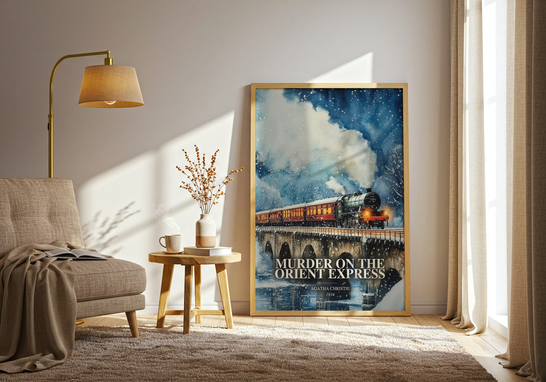 Murder On The Orient Express watercolour print in frame leaning in hallway – mystery wall art (mockup)
