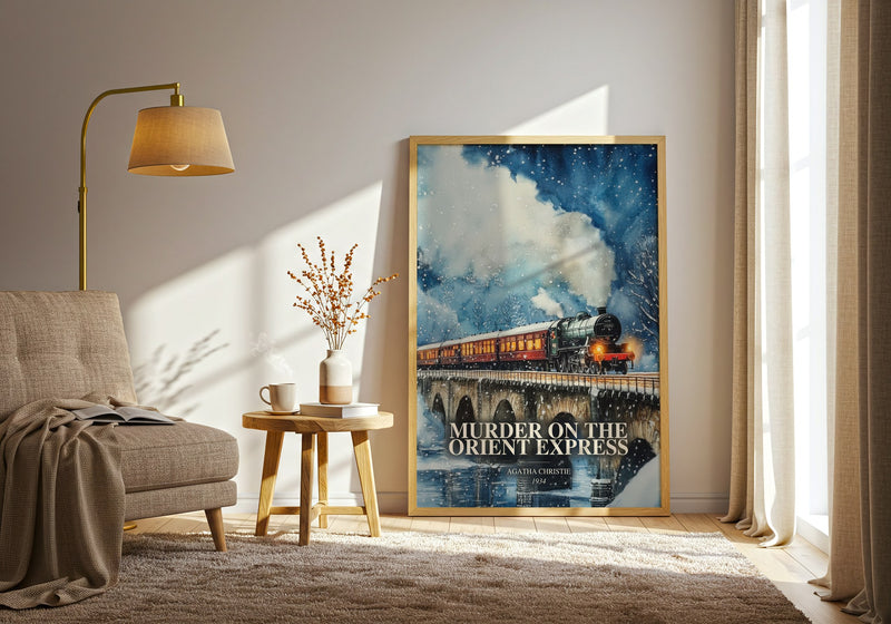 Murder On The Orient Express watercolour print in frame leaning in hallway – mystery wall art