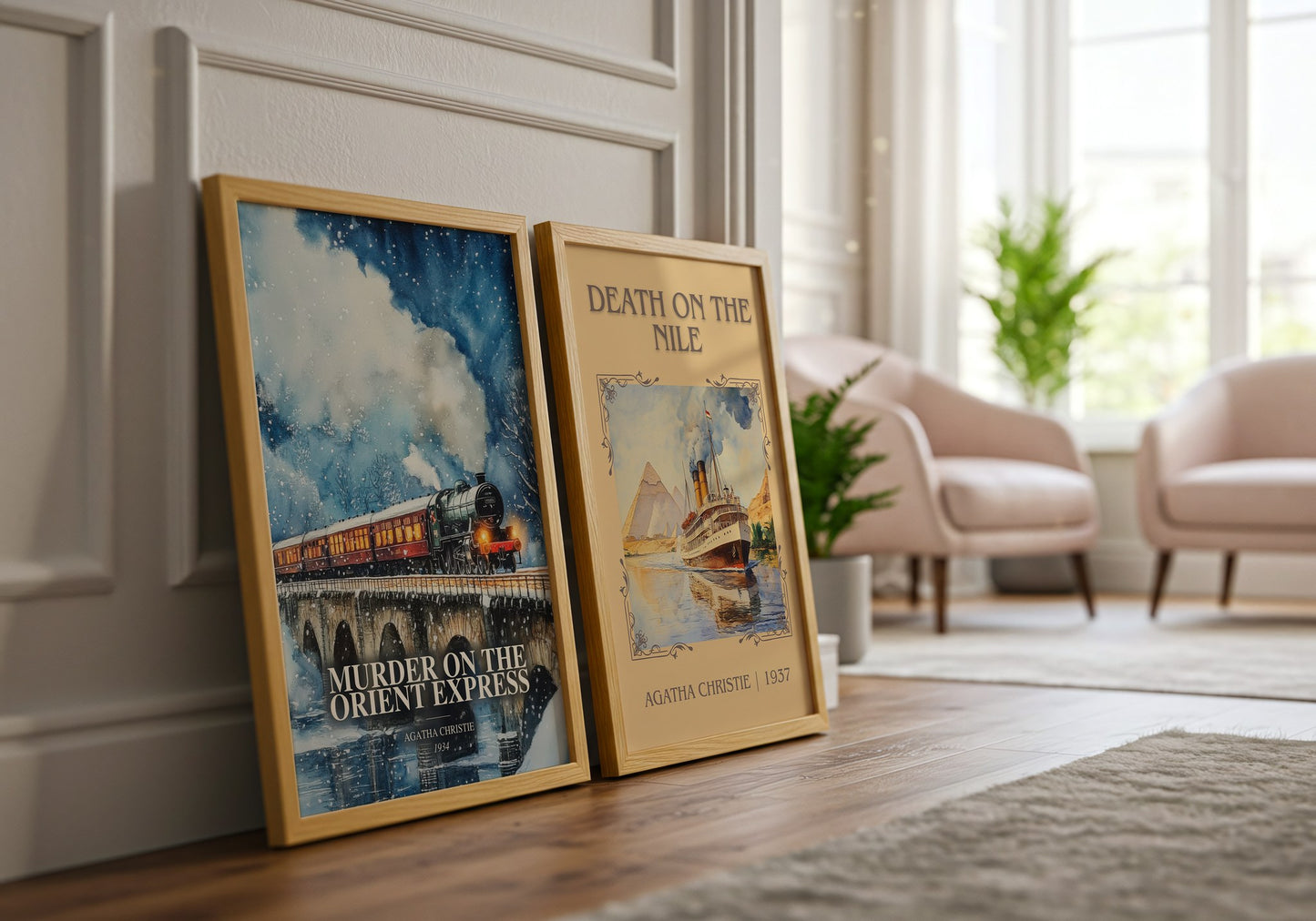 Murder On The Orient Express watercolour print framed by window – literary home decor
