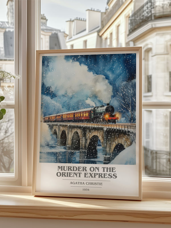 Murder On The Orient Express Book Cover Poster by Agatha Christie – framed print by a bright window