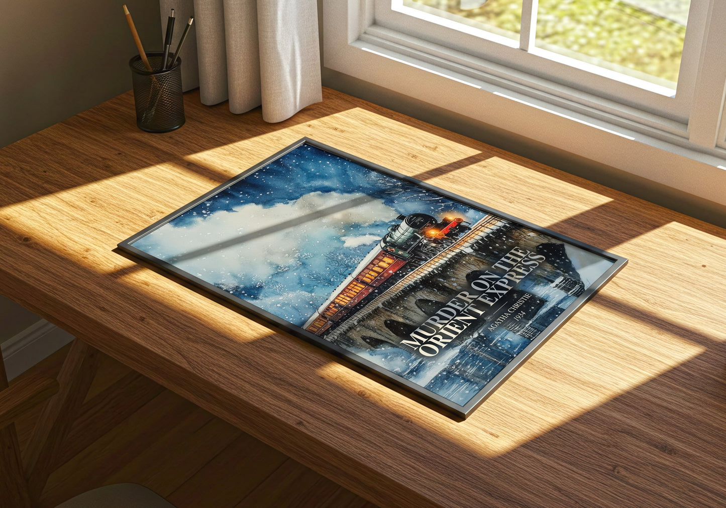Murder On The Orient Express watercolour book poster framed on wall – mystery wall art