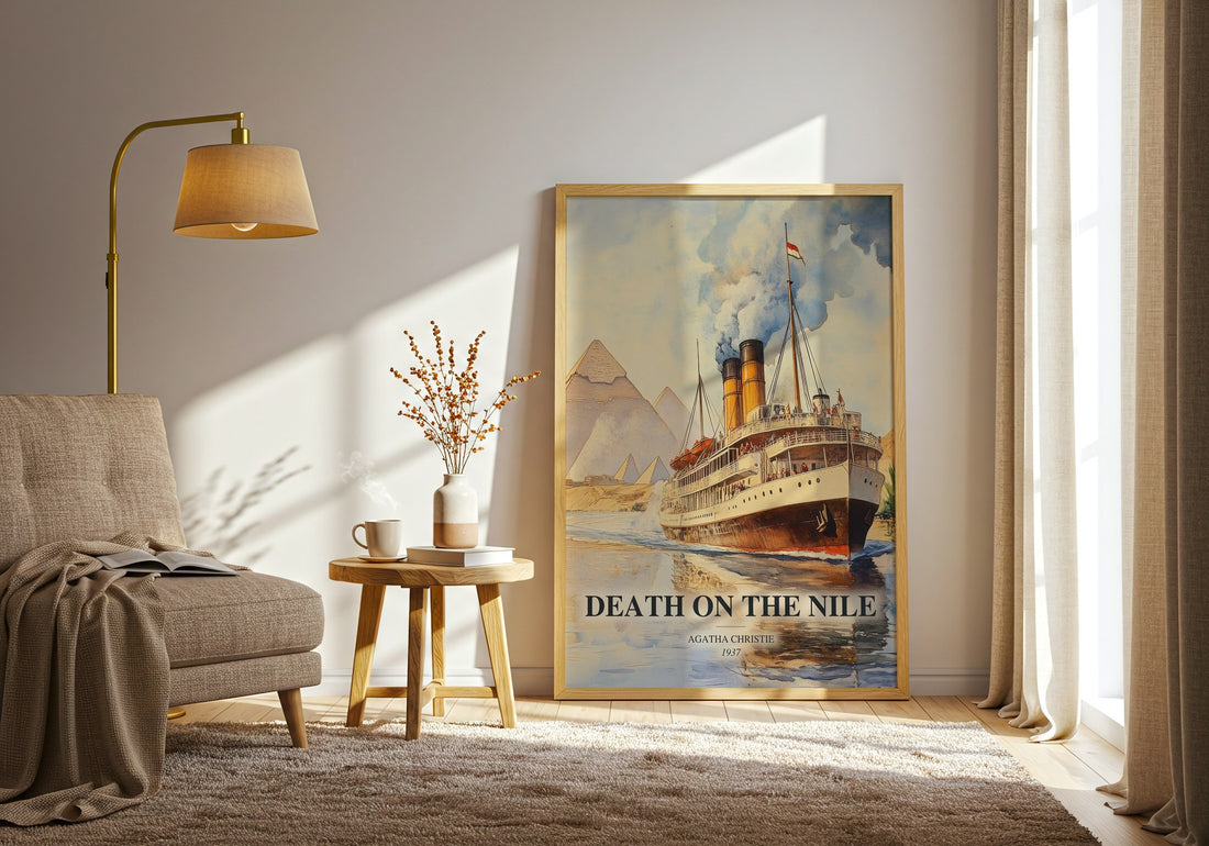 Death On The Nile watercolour print in frame leaning in hallway – mystery wall art (mockup)