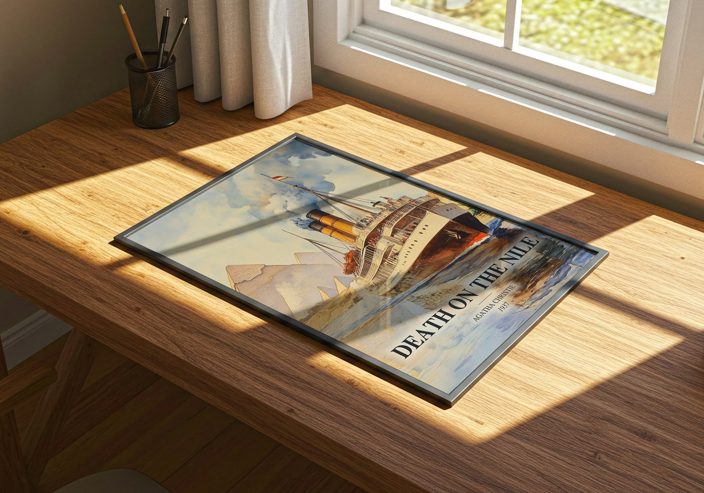 Death On The Nile watercolour book poster framed on wall – mystery wall art