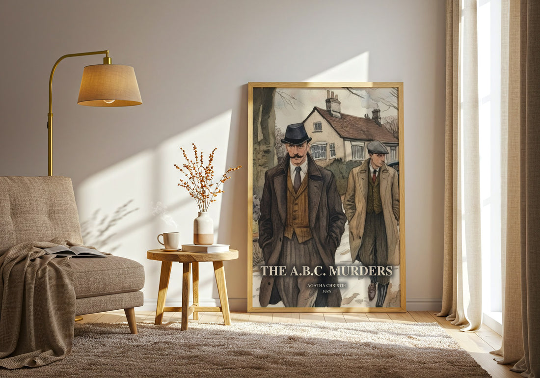 The A.B.C. Murders watercolour print in frame leaning in hallway – mystery wall art (mockup)