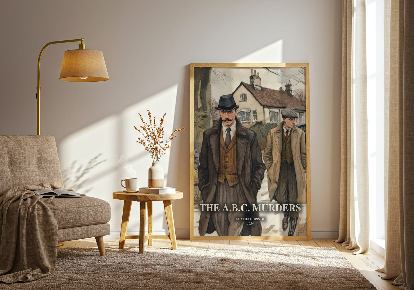 The A.B.C. Murders watercolour print in frame leaning in hallway – mystery wall art