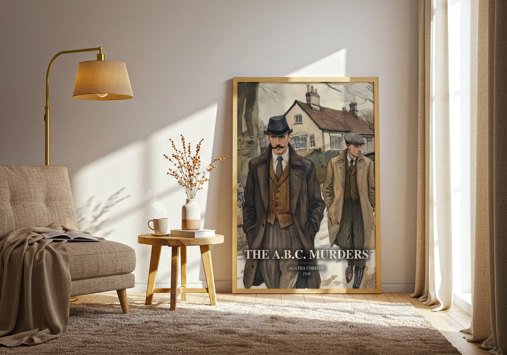 The A.B.C. Murders watercolour print in frame leaning in hallway – mystery wall art