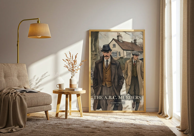 The A.B.C. Murders watercolour print in frame leaning in hallway – mystery wall art