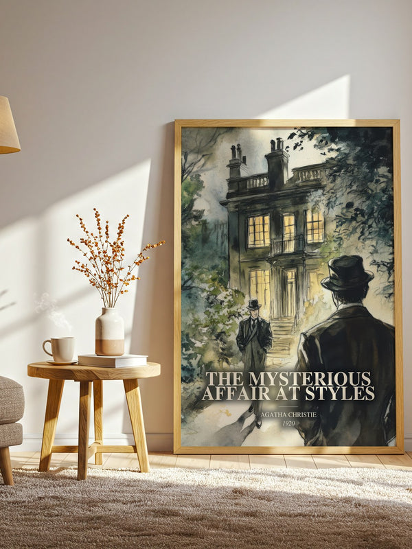 The Mysterious Affair At Styles watercolour print in frame leaning in hallway – mystery wall art