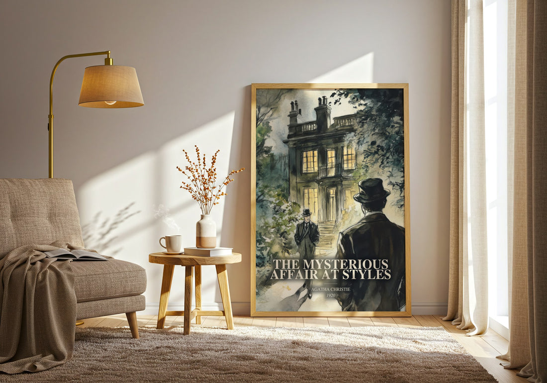 The Mysterious Affair At Styles watercolour print in frame leaning in hallway – mystery wall art (mockup)
