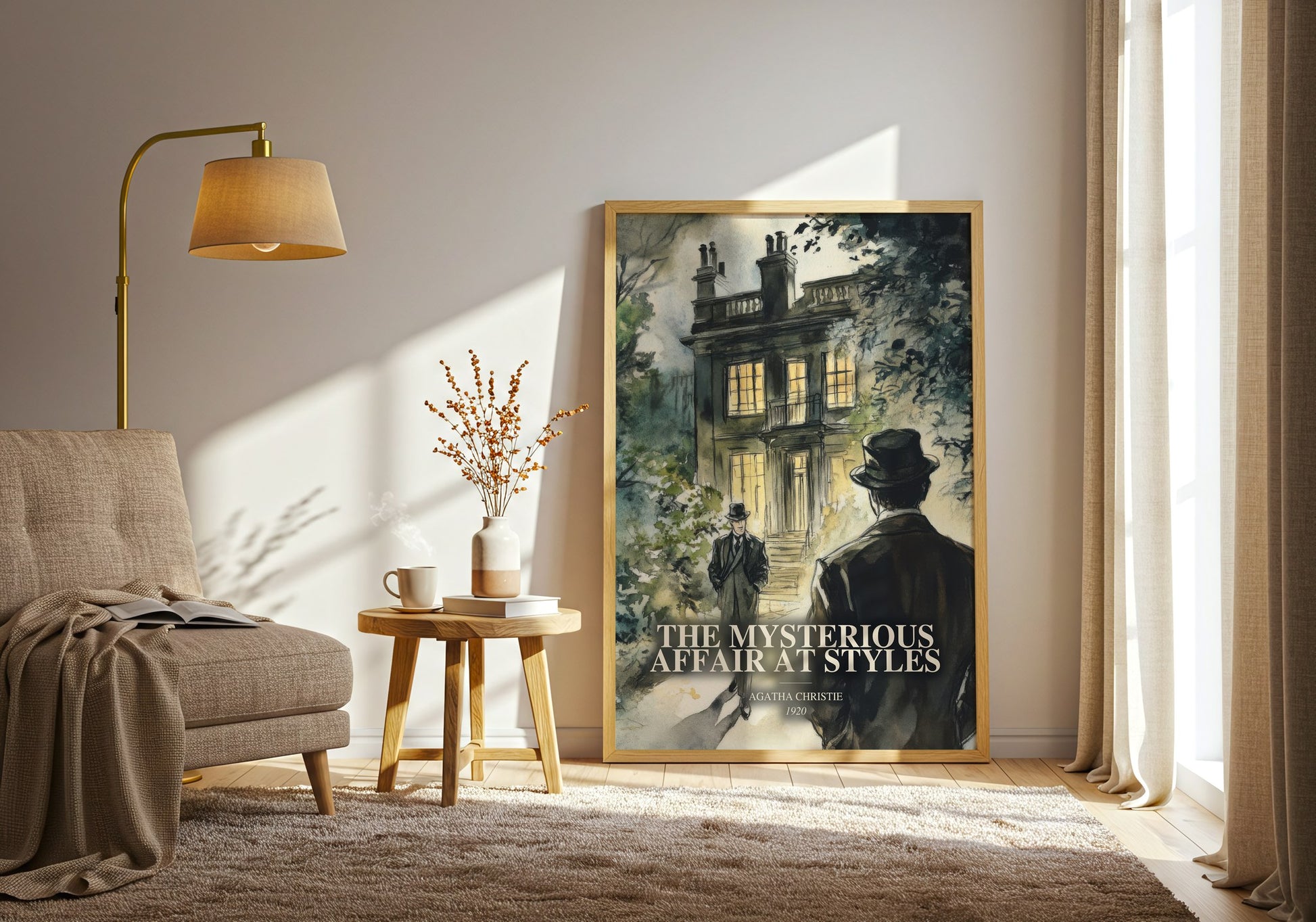 The Mysterious Affair At Styles watercolour print in frame leaning in hallway – mystery wall art
